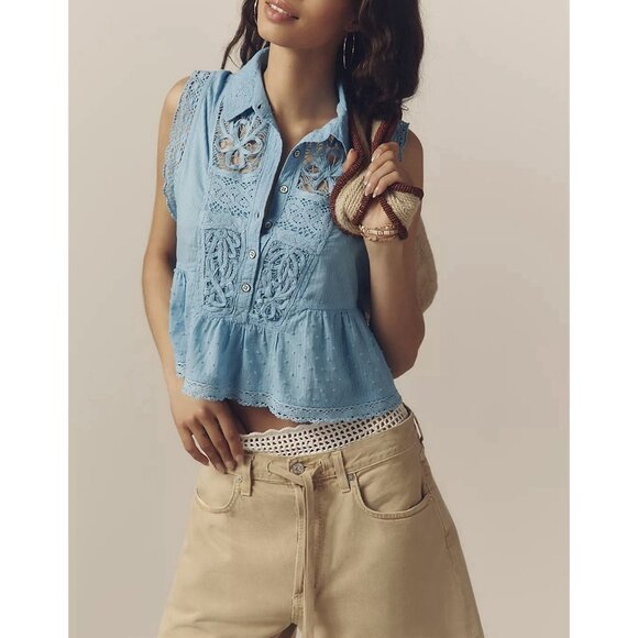 NWT Size XL - Anthropologie 100% Cotton Lace Swing Blouse Blue (NWT USD 108) - Picture 8 of 15